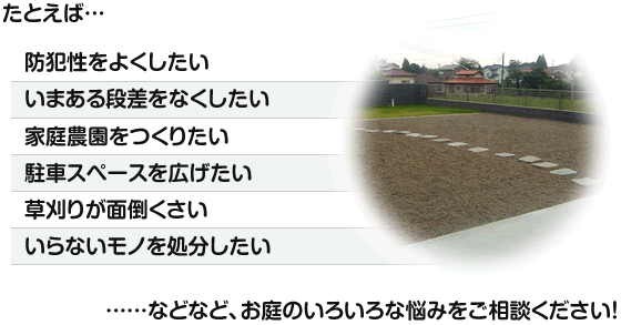 防犯性をよくしたい／段差をなくしたい／家庭農園をつくりたい／駐車スペースを広げたい／草刈りが面倒くさい／いらないモノを処分したい